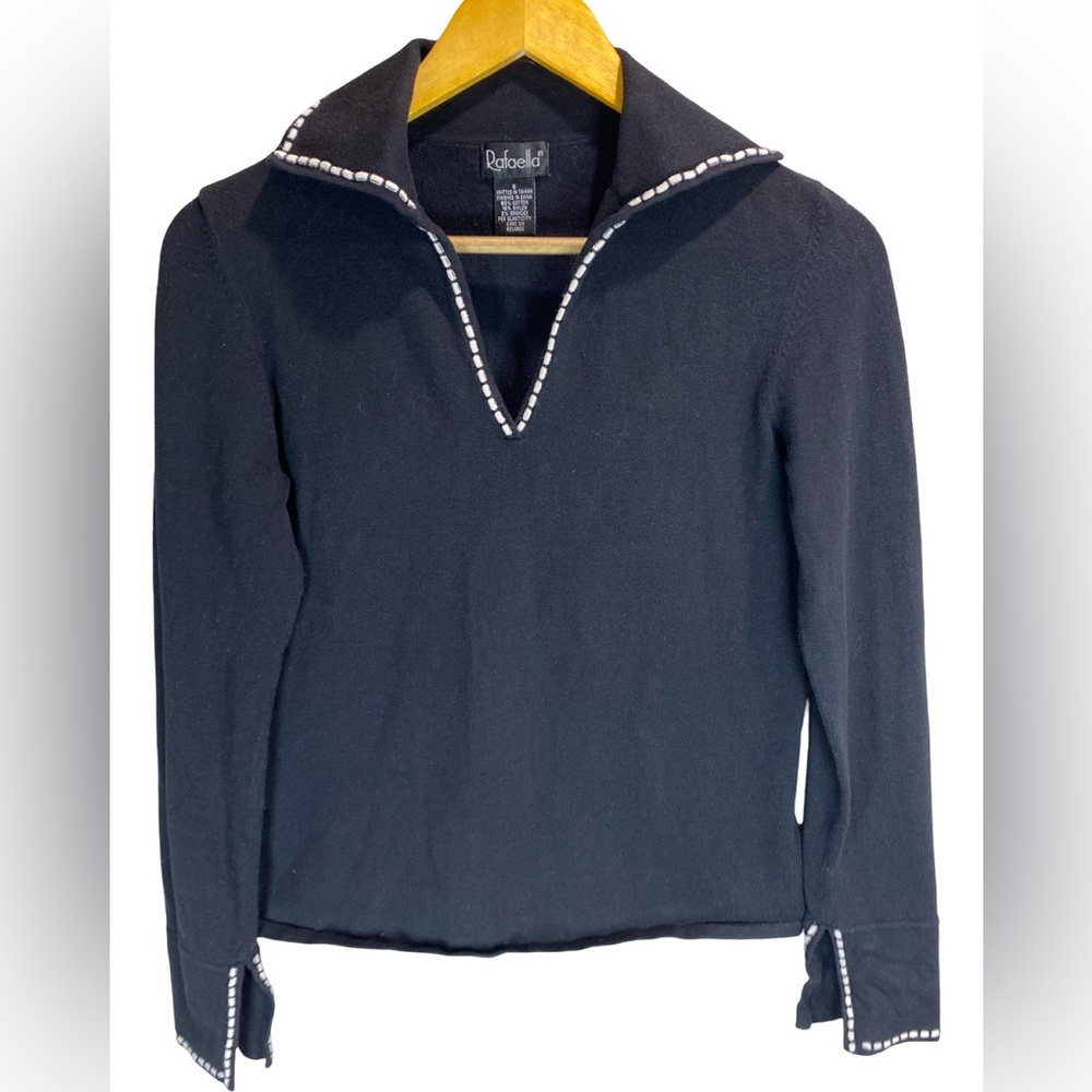 Rafaella Black V-Neck Sweater Small White Trim Collared Knit Cotton Blend‎